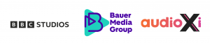 An image featuring the logos of BBC Studios, Bauer Media Group and audioXi, from left to right in a horizontal line.